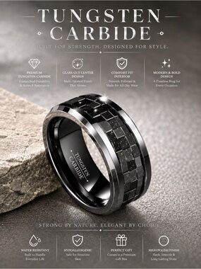 Tungsten Carbide Black Ring with Glass-Cut Center Design | Comfort Fit